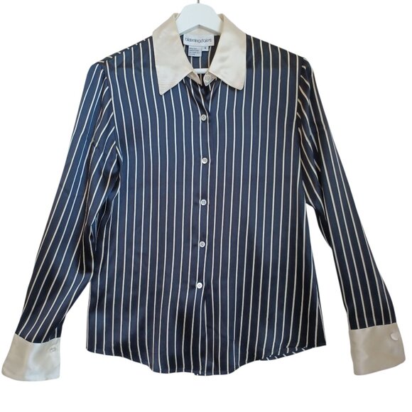 Bloomingdales Blouse Black Cream Stripe Silk Long Sleeve Classic Womens 4 - Picture 1 of 8